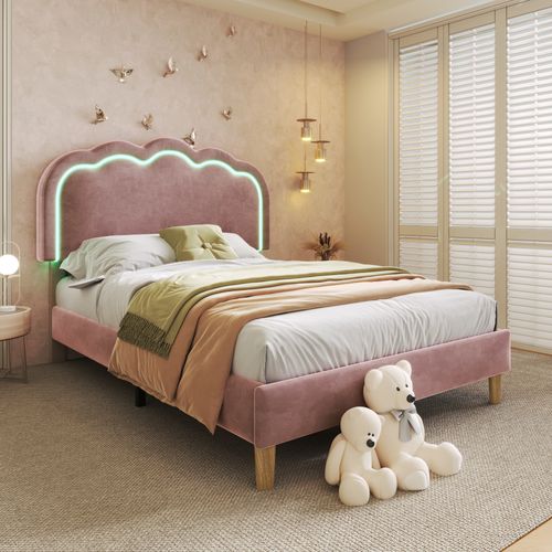Lit Simple 90x190 Cm - Lit Capitonné Avec Tête De Lit LED Réglable - Velours - Rose