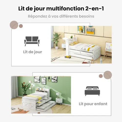 Lit Simple 90x190 Cm - Lit Junior Avec Tiroir De Rangement Et Prise USB, Bois - Blanc