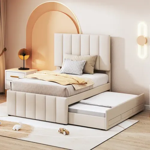 Lit Gigogne 90x200 Cm - Lit Simple Enfant Avec Tiroirs Et Lit D'appoint, Revêtement En Lin, Beige