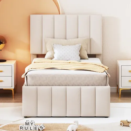 Lit Gigogne 90x200 Cm - Lit Simple Enfant Avec Tiroirs Et Lit D'appoint, Revêtement En Lin, Beige