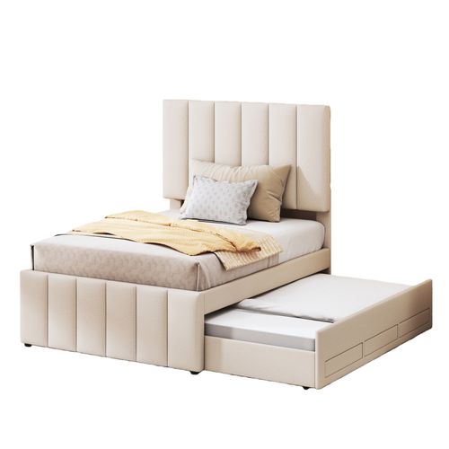 Lit Gigogne 90x200 Cm - Lit Simple Enfant Avec Tiroirs Et Lit D'appoint, Revêtement En Lin, Beige