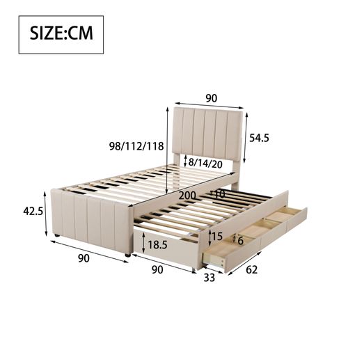 Lit Gigogne 90x200 Cm - Lit Simple Enfant Avec Tiroirs Et Lit D'appoint, Revêtement En Lin, Beige