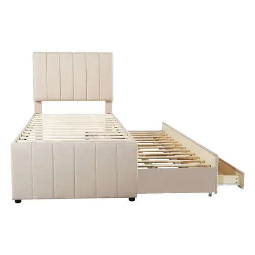 Lit Gigogne 90x200 Cm - Lit Simple Enfant Avec Tiroirs Et Lit D'appoint, Revêtement En Lin, Beige