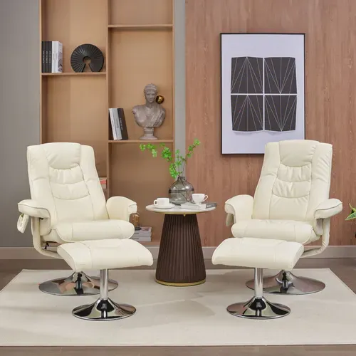 Fauteuil Relax Avec Repose-pieds Pivotant 360° - Massage Et Dossier Réglable, Simili Beige