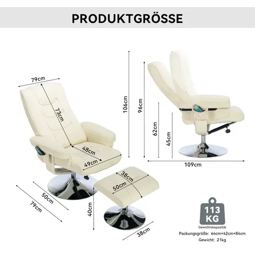Fauteuil Relax Avec Repose-pieds Pivotant 360° - Massage Et Dossier Réglable, Simili Beige