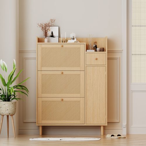 Meuble à Chaussures Rotin, Entrée, Tiroir Et 3 Portes Abattantes, Pieds S, Bois Naturel