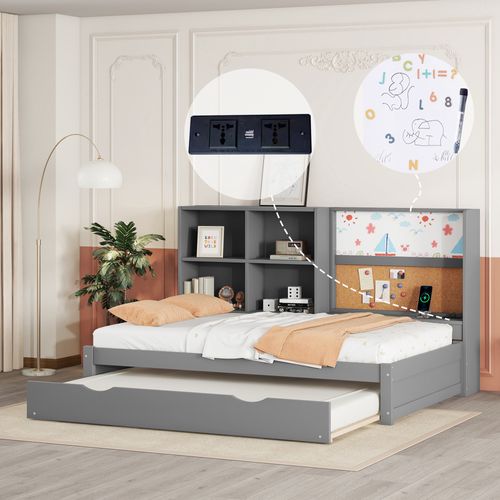 Lit Enfant Gigogne 90 X 200 Cm - Port De Chargement USB Et Rangement - Bois De Pin + Mdf - Gris