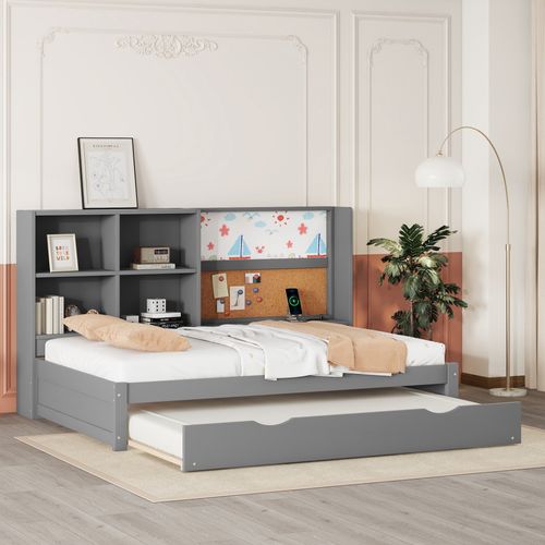Lit Enfant Gigogne 90 X 200 Cm - Port De Chargement USB Et Rangement - Bois De Pin + Mdf - Gris