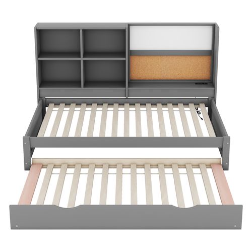 Lit Enfant Gigogne 90 X 200 Cm - Port De Chargement USB Et Rangement - Bois De Pin + Mdf - Gris