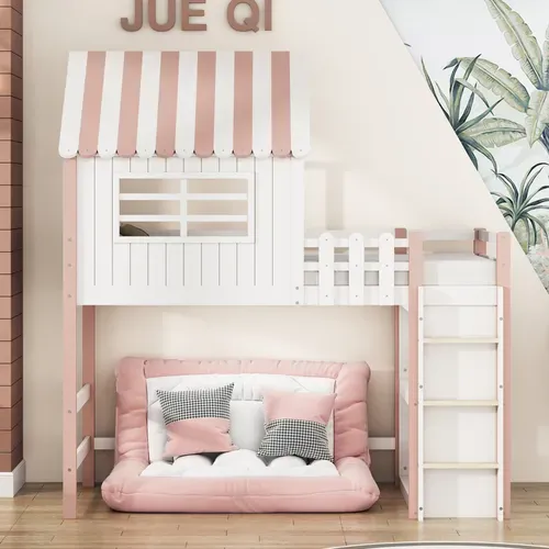 Lit Mezzanine 90x200 Cm - Lit Cabane Enfant Avec échelle De Sécurité, Rangement,  Mdf Rose