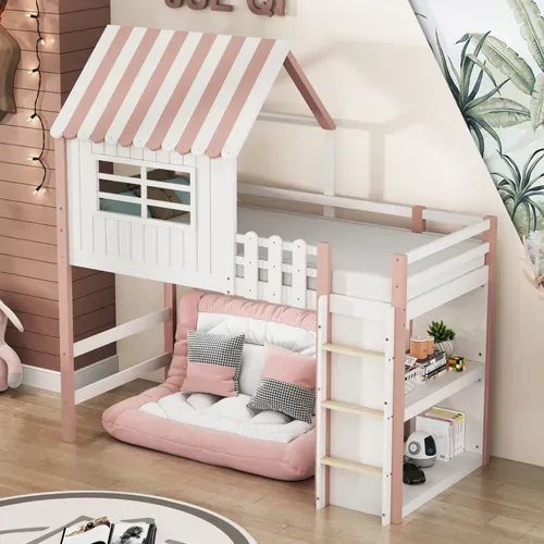 Lit Mezzanine 90x200 Cm - Lit Cabane Enfant Avec échelle De Sécurité, Rangement,  Mdf Rose