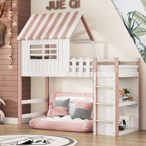 Lit Mezzanine 90x200 Cm - Lit Cabane Enfant Avec échelle De Sécurité, Rangement,  Mdf Rose