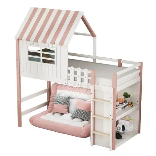 Lit Mezzanine 90x200 Cm - Lit Cabane Enfant Avec échelle De Sécurité, Rangement,  Mdf Rose