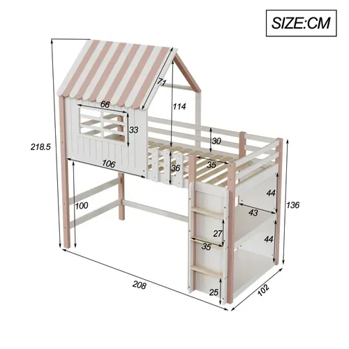 Lit Mezzanine 90x200 Cm - Lit Cabane Enfant Avec échelle De Sécurité, Rangement,  Mdf Rose