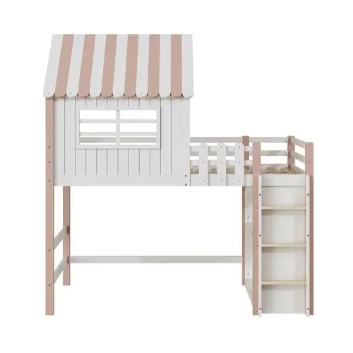 Lit Mezzanine 90x200 Cm - Lit Cabane Enfant Avec échelle De Sécurité, Rangement,  Mdf Rose