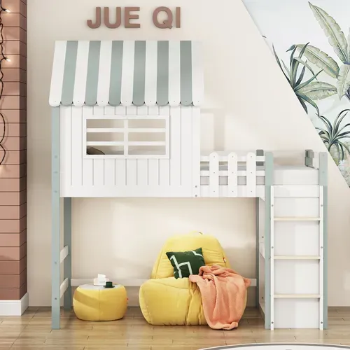 Lit Mezzanine 90x200 Cm - Lit Cabane Enfant Avec échelle De Sécurité, Rangement, Mdf Vert