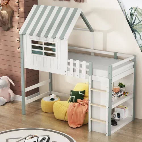 Lit Mezzanine 90x200 Cm - Lit Cabane Enfant Avec échelle De Sécurité, Rangement, Mdf Vert