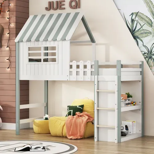 Lit Mezzanine 90x200 Cm - Lit Cabane Enfant Avec échelle De Sécurité, Rangement, Mdf Vert