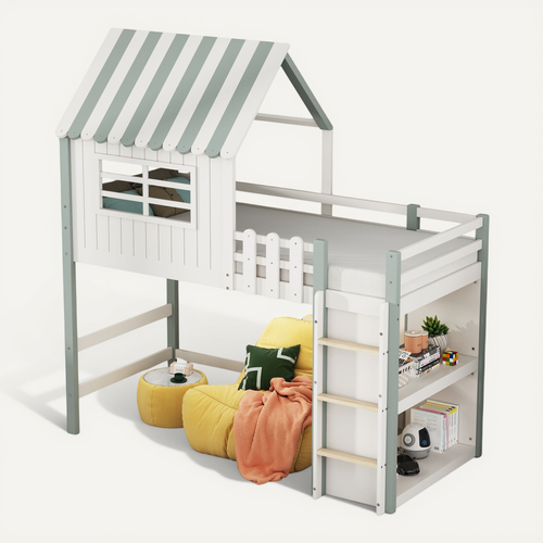 Lit Mezzanine 90x200 Cm - Lit Cabane Enfant Avec échelle De Sécurité, Rangement, Mdf Vert