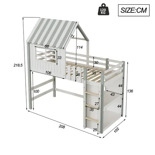Lit Mezzanine 90x200 Cm - Lit Cabane Enfant Avec échelle De Sécurité, Rangement, Mdf Vert