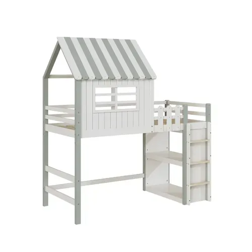 Lit Mezzanine 90x200 Cm - Lit Cabane Enfant Avec échelle De Sécurité, Rangement, Mdf Vert