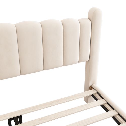 Lit Double 160x200 Cm - Lit Avec Tête De Lit Et Pieds Cylindriques, Velours, Beige