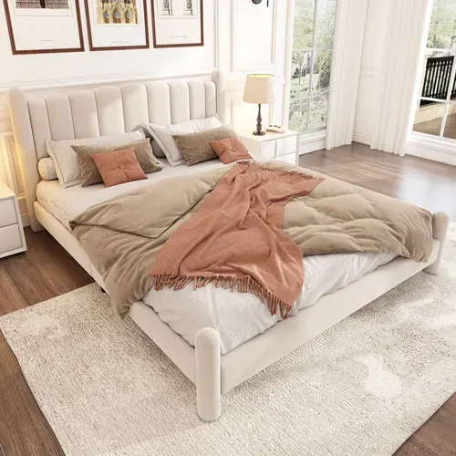 Lit Double 160x200 Cm - Lit Avec Tête De Lit Et Pieds Cylindriques, Velours, Beige