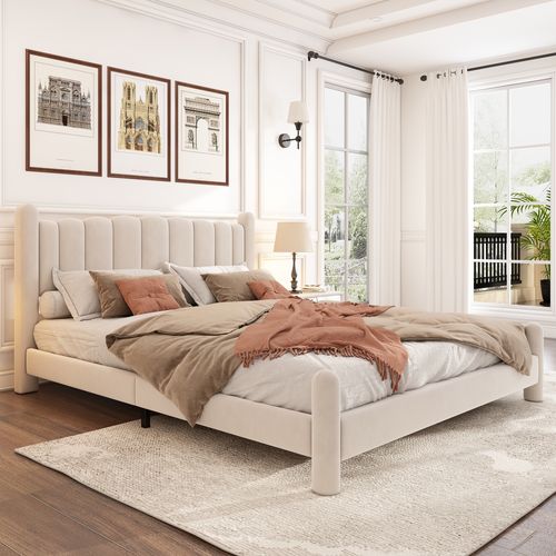 Lit Double 160x200 Cm - Lit Avec Tête De Lit Et Pieds Cylindriques, Velours, Beige