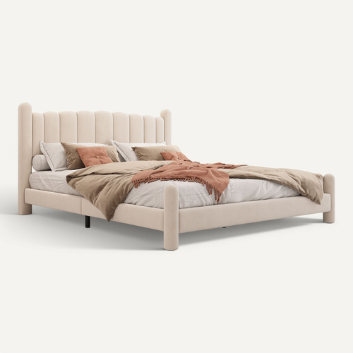 Lit Double 160x200 Cm - Lit Avec Tête De Lit Et Pieds Cylindriques, Velours, Beige