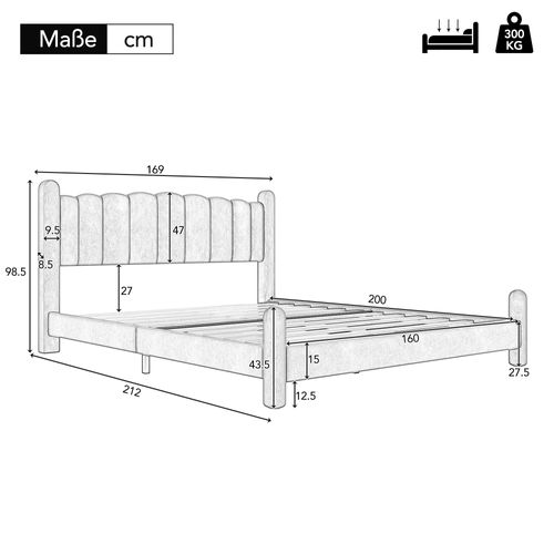 Lit Double 160x200 Cm - Lit Avec Tête De Lit Et Pieds Cylindriques, Velours, Beige