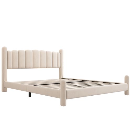 Lit Double 160x200 Cm - Lit Avec Tête De Lit Et Pieds Cylindriques, Velours, Beige