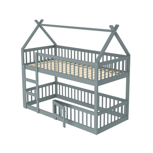 Lit Superposé Enfant 90x200 Cm - Avec Escalier Sécurisé Et Rangement, Bois + Mdf - Gris,