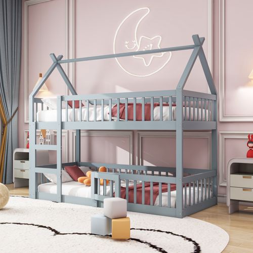 Lit Superposé Enfant 90x200 Cm - Avec Escalier Sécurisé Et Rangement, Bois + Mdf - Gris,