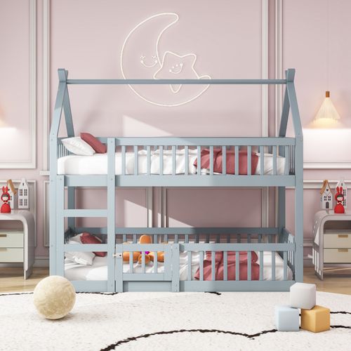 Lit Superposé Enfant 90x200 Cm - Avec Escalier Sécurisé Et Rangement, Bois + Mdf - Gris,