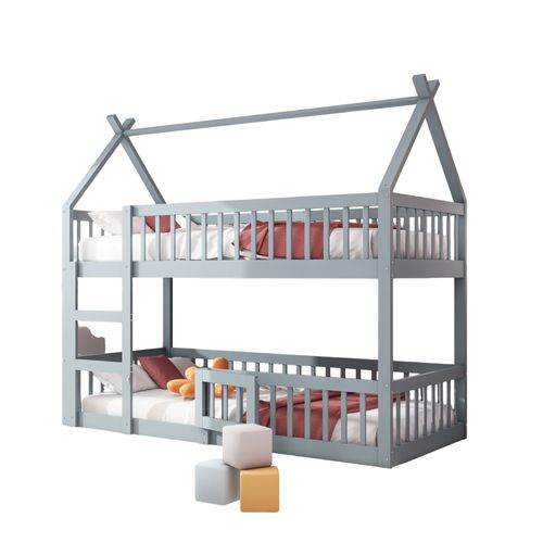 Lit Superposé Enfant 90x200 Cm - Avec Escalier Sécurisé Et Rangement, Bois + Mdf - Gris,