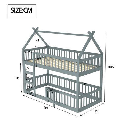Lit Superposé Enfant 90x200 Cm - Avec Escalier Sécurisé Et Rangement, Bois + Mdf - Gris,