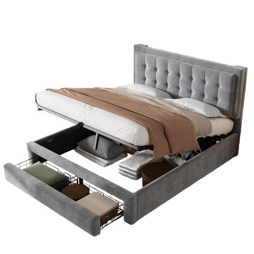 Lit Coffre 140x190 Cm - Lit Coffre Hydraulique Avec 2 Tiroirs Et Sommier à Lattes - Velours - Gris