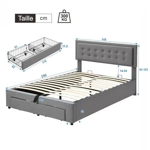 Lit Coffre 140x190 Cm - Lit Coffre Hydraulique Avec 2 Tiroirs Et Sommier à Lattes - Velours - Gris