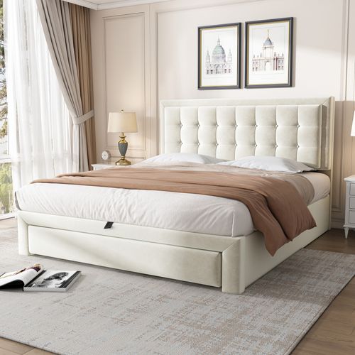 Lit Coffre 140x190 Cm – Coffre Hydraulique Avec 2 En 1 Tiroir Et Sommier à Lattes, Velours, Beige