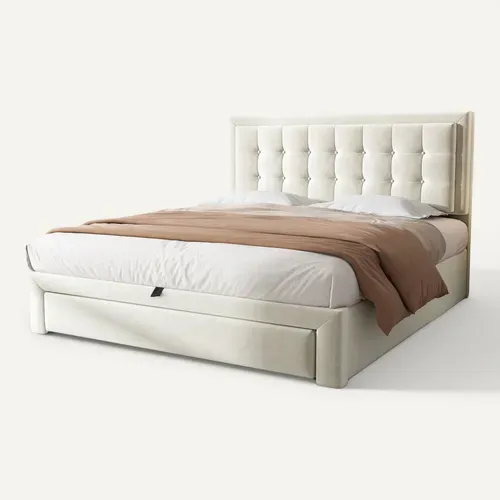 Lit Coffre 140x190 Cm – Coffre Hydraulique Avec 2 En 1 Tiroir Et Sommier à Lattes, Velours, Beige