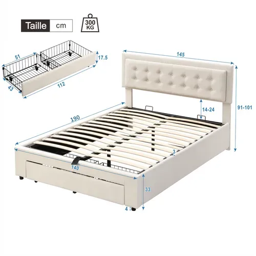 Lit Coffre 140x190 Cm – Coffre Hydraulique Avec 2 En 1 Tiroir Et Sommier à Lattes, Velours, Beige