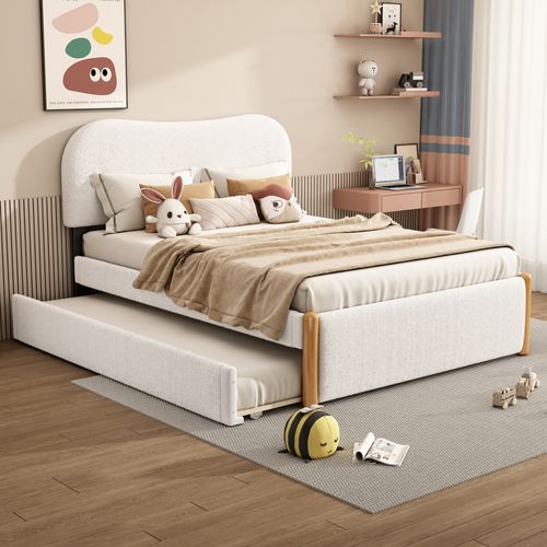 Lit Gigogne 140x200 Cm - Lit Double Avec Lit Tiroir Rembourré Moderne Pour Enfants, Peluche - Blanc