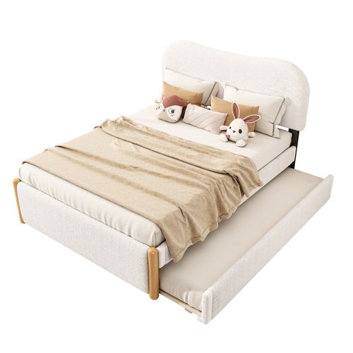 Lit Gigogne 140x200 Cm - Lit Double Avec Lit Tiroir Rembourré Moderne Pour Enfants, Peluche - Blanc