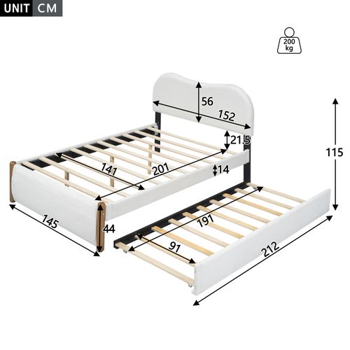 Lit Gigogne 140x200 Cm - Lit Double Avec Lit Tiroir Rembourré Moderne Pour Enfants, Peluche - Blanc