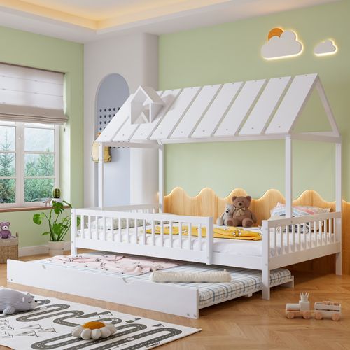 Lit Gigogne Enfant 120x200 Cm - Tiroirs, Lit Cabane Avec Protection Anti-chute, Bois Et Mdf Blanc