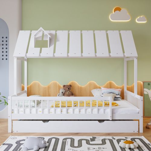 Lit Gigogne Enfant 120x200 Cm - Tiroirs, Lit Cabane Avec Protection Anti-chute, Bois Et Mdf Blanc
