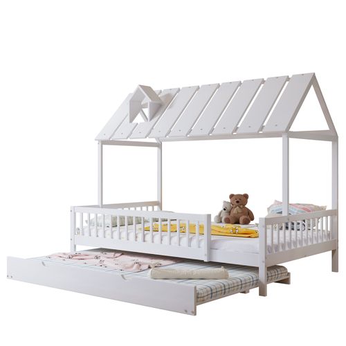 Lit Gigogne Enfant 120x200 Cm - Tiroirs, Lit Cabane Avec Protection Anti-chute, Bois Et Mdf Blanc