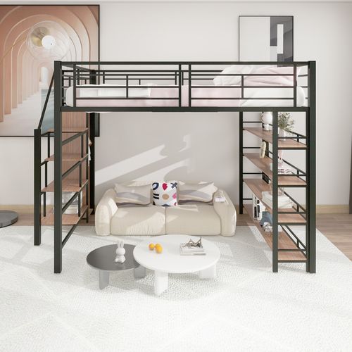 Lit Mezzanine Double 140x200 Cm - Escalier De Sécurité, Placard De Rangement, Métal Et Mdf - Noir