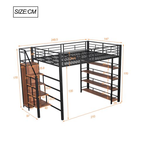 Lit Mezzanine Double 140x200 Cm - Escalier De Sécurité, Placard De Rangement, Métal Et Mdf - Noir