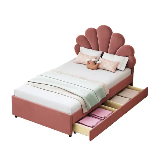 Lit Avec Rangement 90x200, Lit Simple Enfant Capitonné, Rangement, Sommier, Velours/bois, Rose